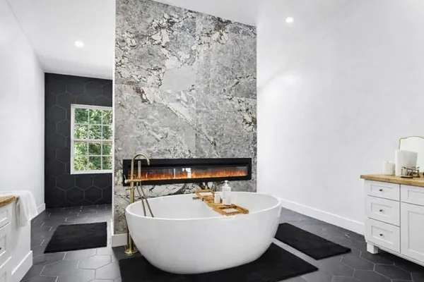 a spacious bathroom with a shower