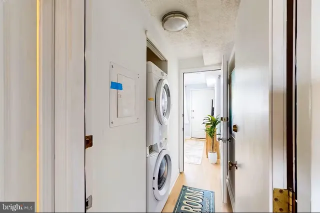 a view of a hallway with painted walls