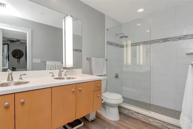 a view of balcony with wooden floor