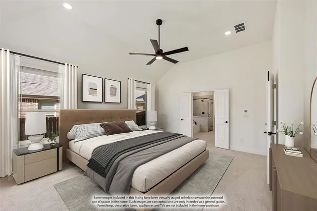 a bedroom with a bed chandelier and a window