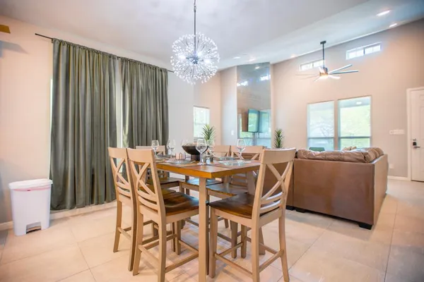a view of a dining room with furniture window and outside view