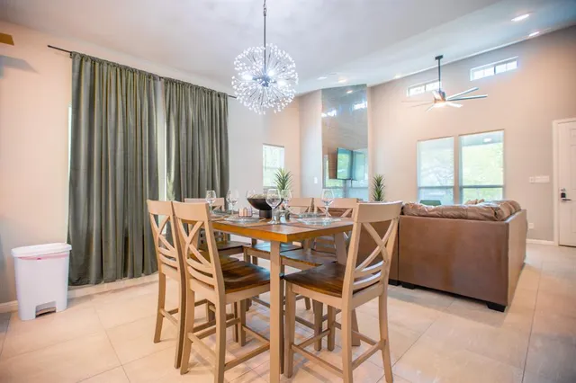 a view of a dining room with furniture window and outside view