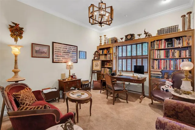 a living room with furniture and a book shelf