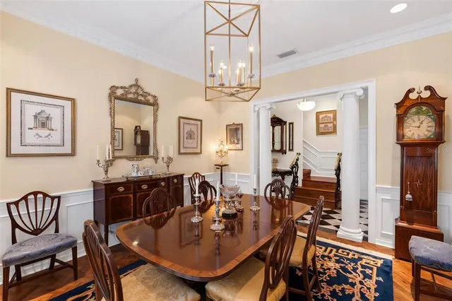 a view of a dining room with furniture