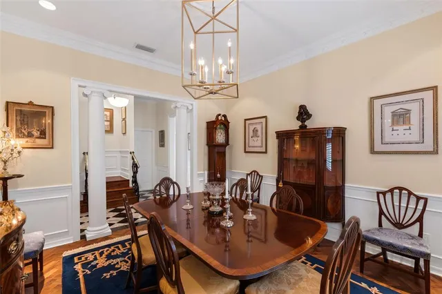 a view of a dining room with furniture