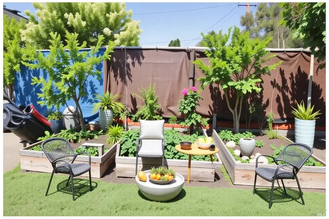 a backyard with table and chairs potted plants