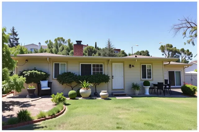 a view of a house with furniture and potted plants