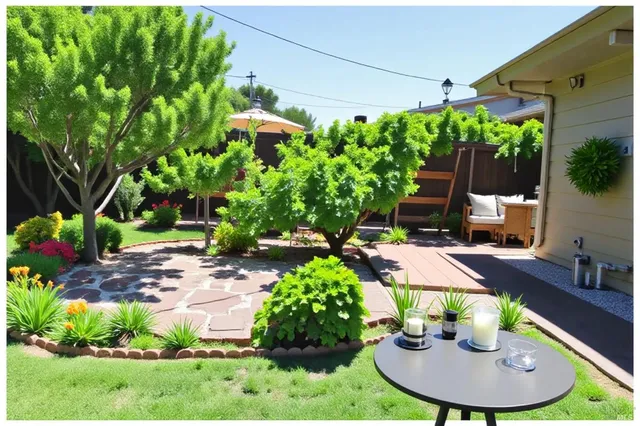 a backyard of a house with a yard and outdoor seating