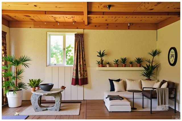 a view of a living room and a potted plant