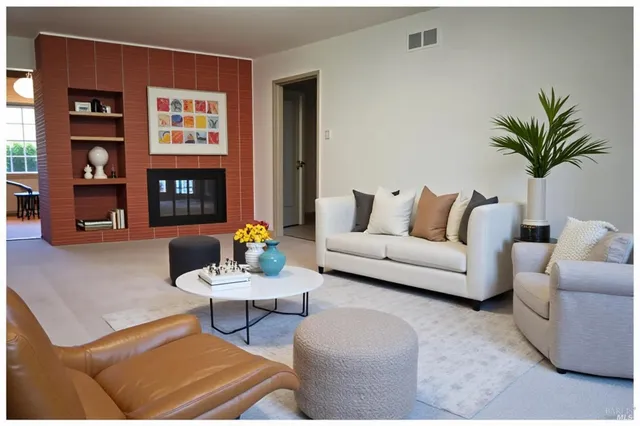 a living room with furniture flower pot and a fireplace