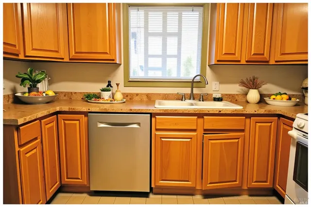 a kitchen with stainless steel appliances granite countertop wooden cabinets a sink and a window
