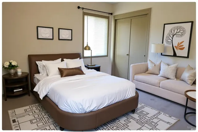 a bedroom with a bed and a couch