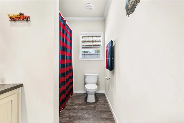 a bathroom with a toilet and a shower curtain
