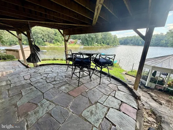 a garden view with a seating space