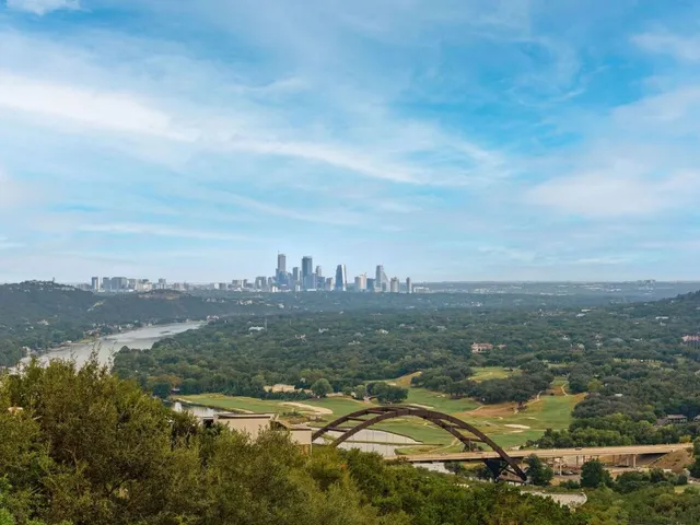an aerial view of residential houses with outdoor space and trees