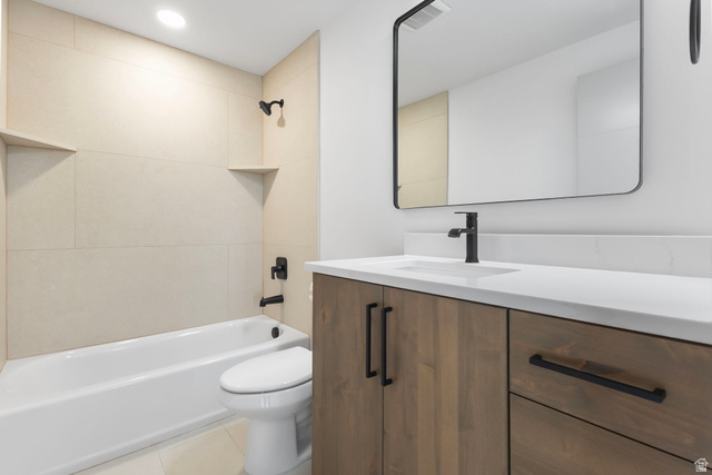 710 East Mountain Road North Ogden, UT 84414 - Photo 29 of 36 Full bathroom with bathing tub / shower combination, vanity, light tile patterned flooring, and recessed lighting