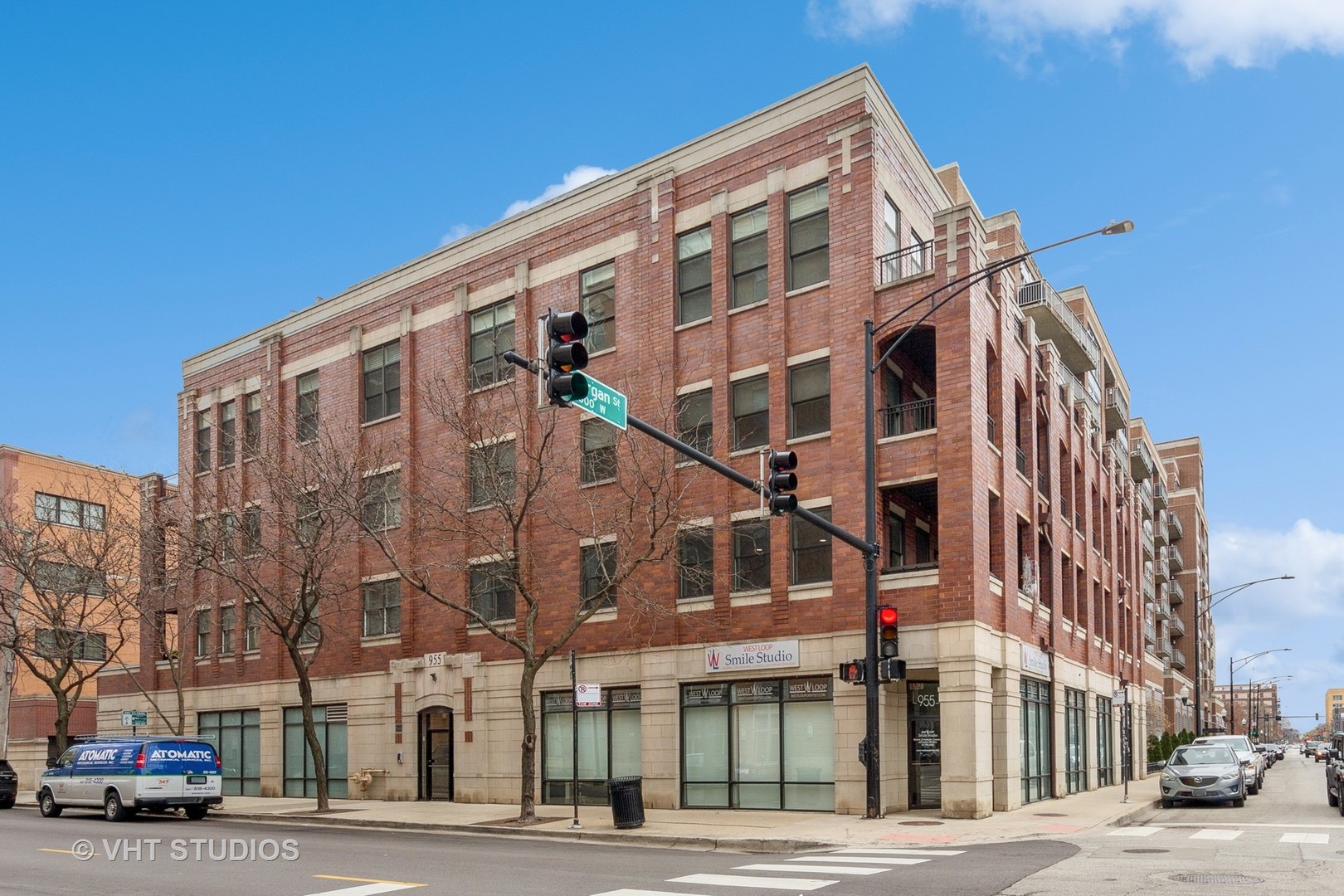 a view of a building and a street