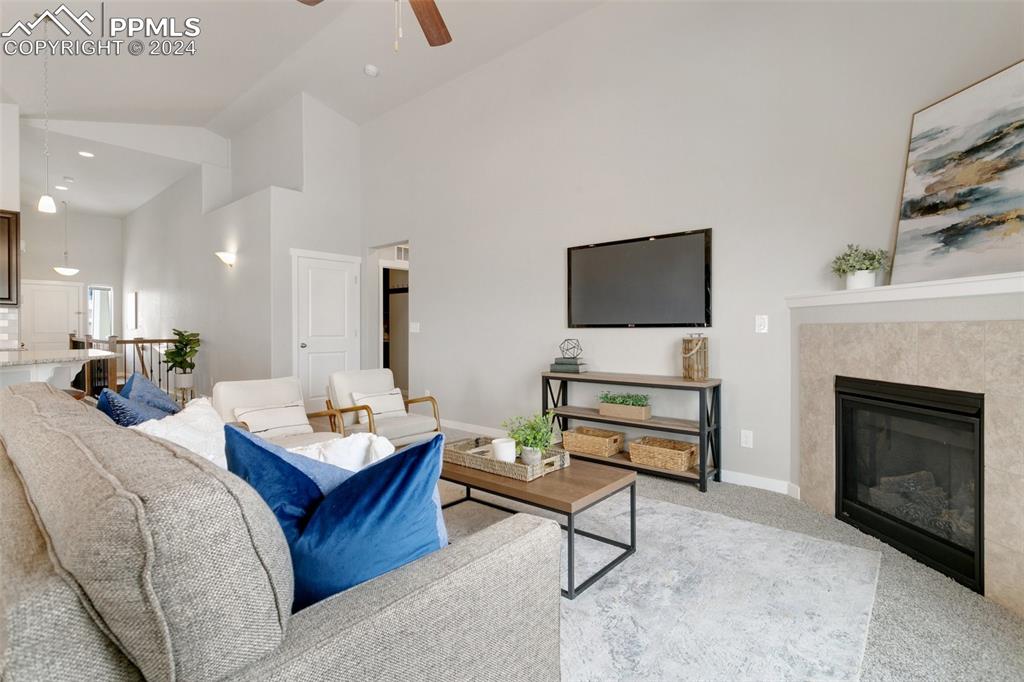 10110 Henman Terrace Peyton, CO 80831 - Photo 5 of 36 a living room with furniture a fireplace and a flat screen tv