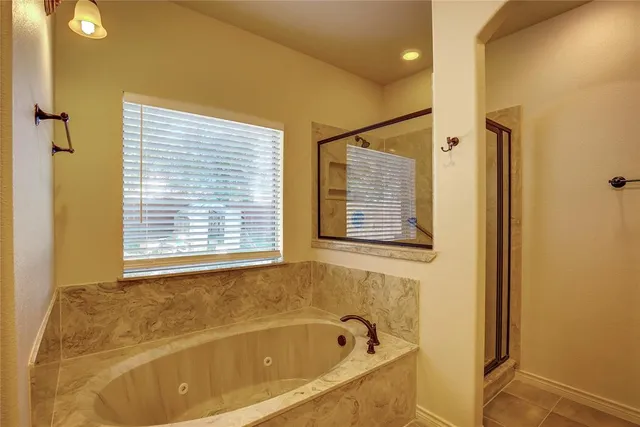 a bathroom with a bathtub and a shower