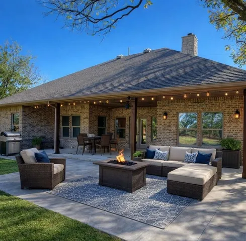 a view of a porch with wooden floor and a fireplace