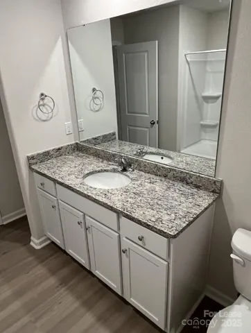 a bathroom with a granite countertop sink and a mirror