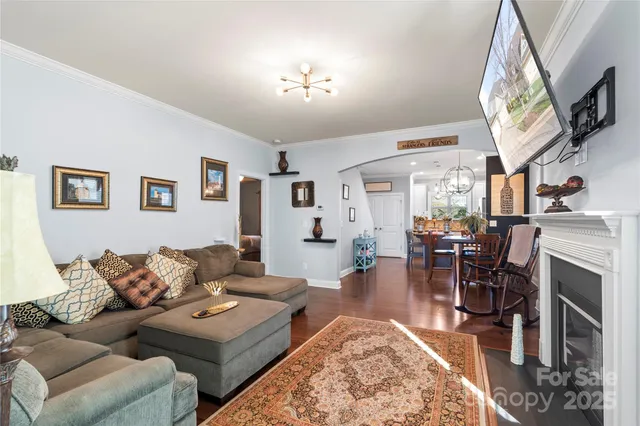 a living room with furniture a rug and a fireplace
