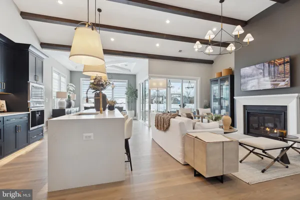 a living room with furniture a chandelier and a fireplace
