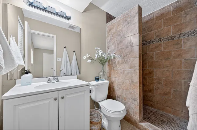 a bathroom with a sink toilet and shower