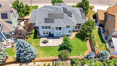 an aerial view of a house with a garden