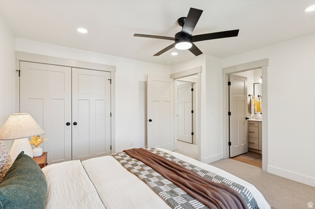 51 East 200 North, Unit 3 Bountiful, UT 84010 - Photo 21 of 27 Bedroom featuring a closet, light carpet, ceiling fan, connected bathroom, and recessed lighting