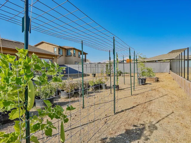 a view of a house with a small yard and potted plants