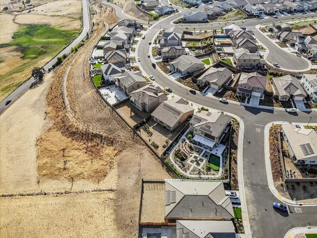 an aerial view of a swimming pool