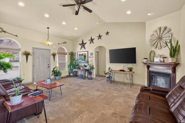 4635 East Sunny Acres Lane Moab, UT 84532 - Photo 43 of 56 Spacious living area featuring vaulted ceilings, recessed lighting, and tile flooring