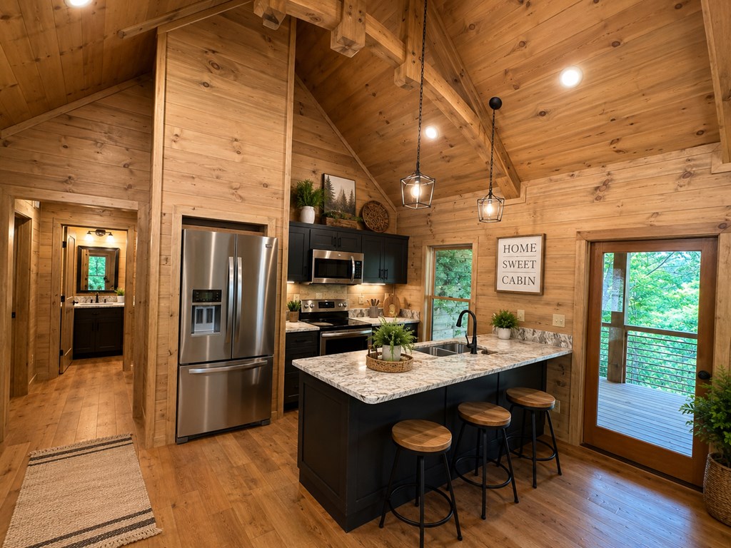 85 Moreland Trail Blue Ridge, GA 30513 - Photo 29 of 56 a kitchen with stainless steel appliances kitchen island granite countertop a refrigerator a sink dishwasher a stove and a dining table with wooden floor