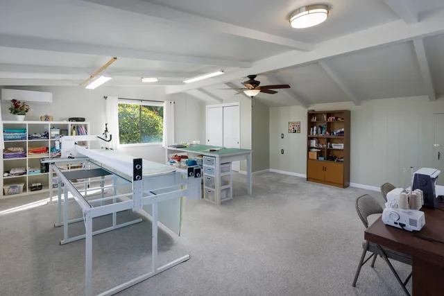 a view of a dining room with furniture