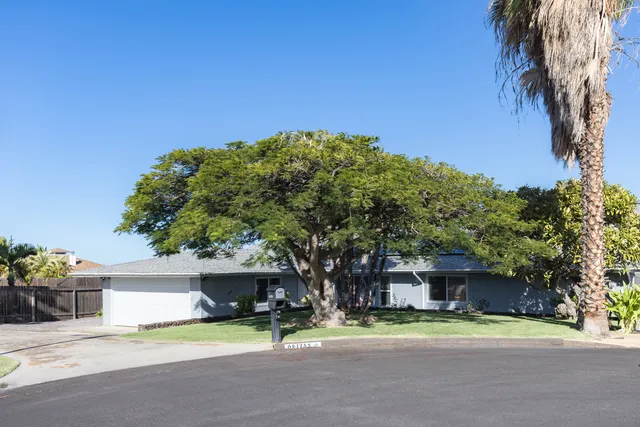 a view of a house with a yard and large trees