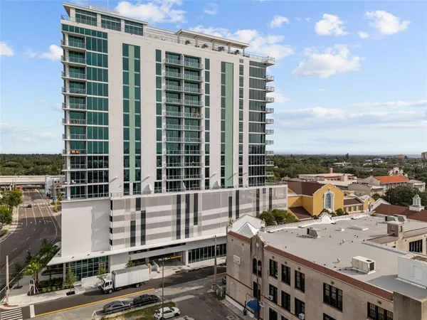 a city view with tall buildings