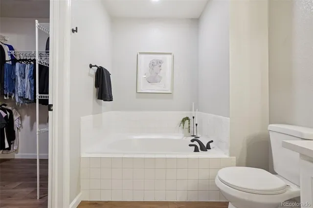 a bathroom with a toilet and a tub