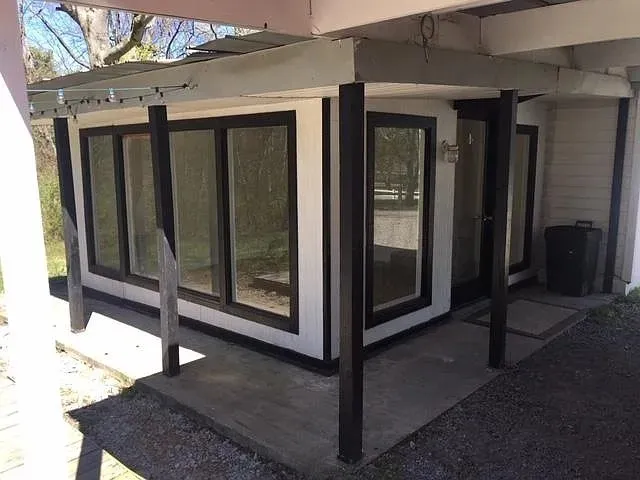 a view of a balcony from door