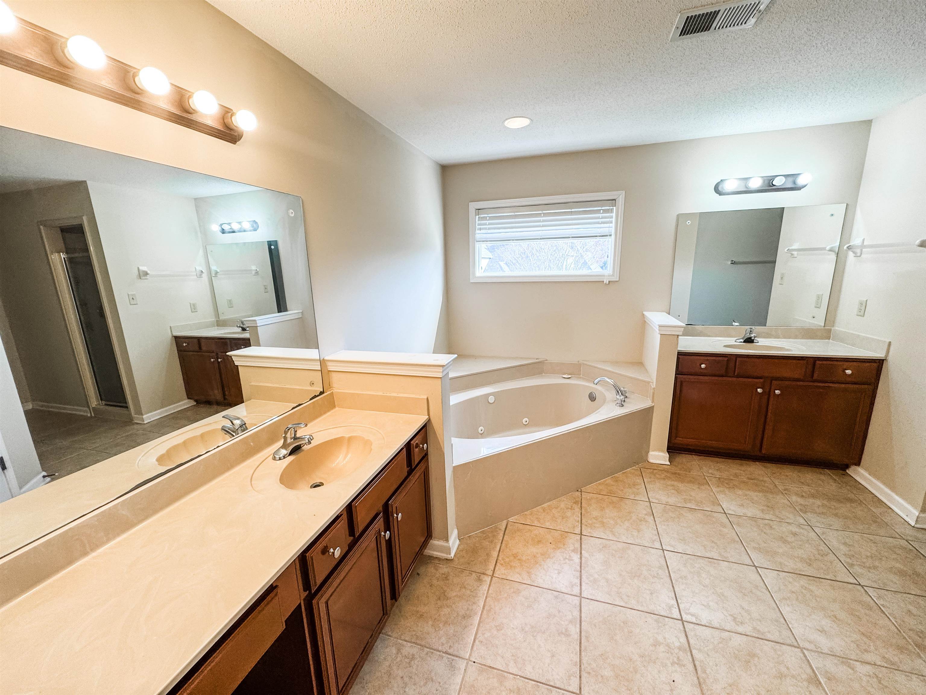 10431 Pilot Rock Road Collierville, TN 38017 - Photo 11 of 15 Bathroom featuring vanity, a textured ceiling, tile patterned floors, and a bathtub