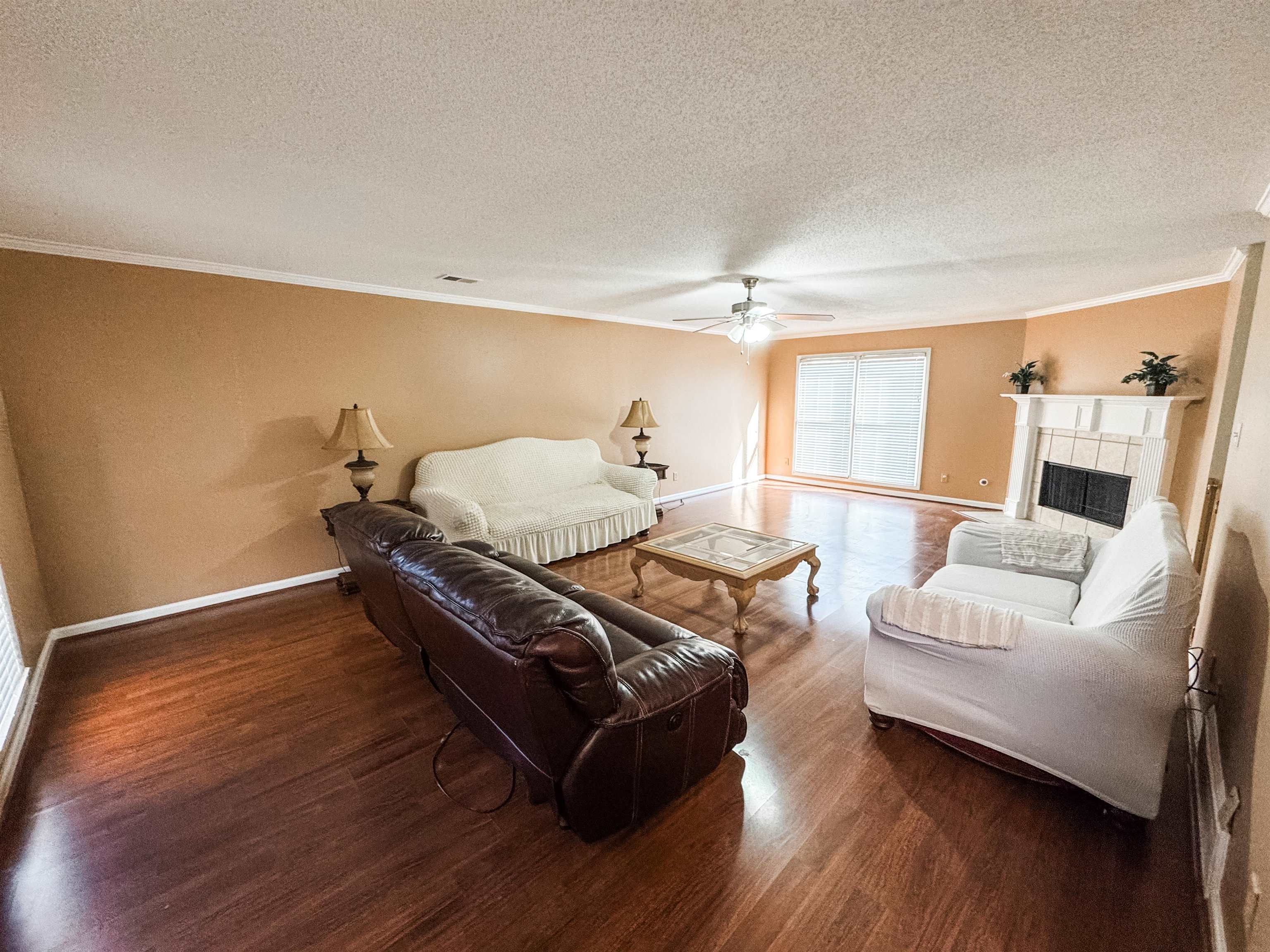 10431 Pilot Rock Road Collierville, TN 38017 - Photo 4 of 15 Living room featuring a textured ceiling, dark hardwood / wood-style flooring, ceiling fan, and crown molding