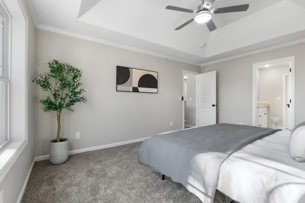 a spacious bedroom with a bed and a potted plant