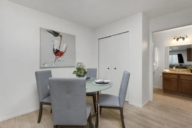 a view of a dining room with furniture