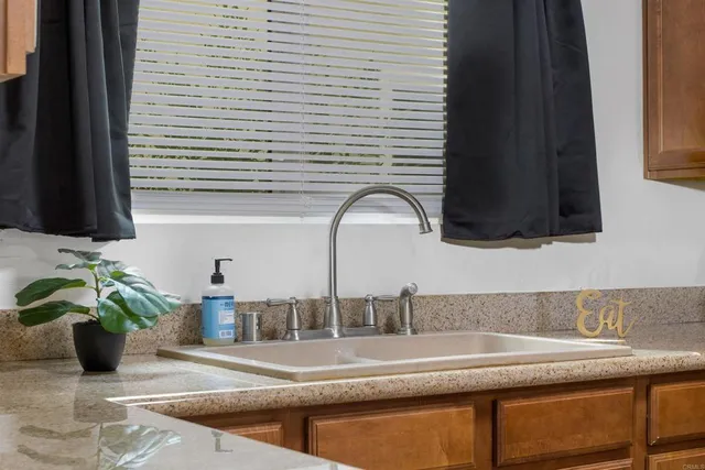 a kitchen with a sink and a potted plant