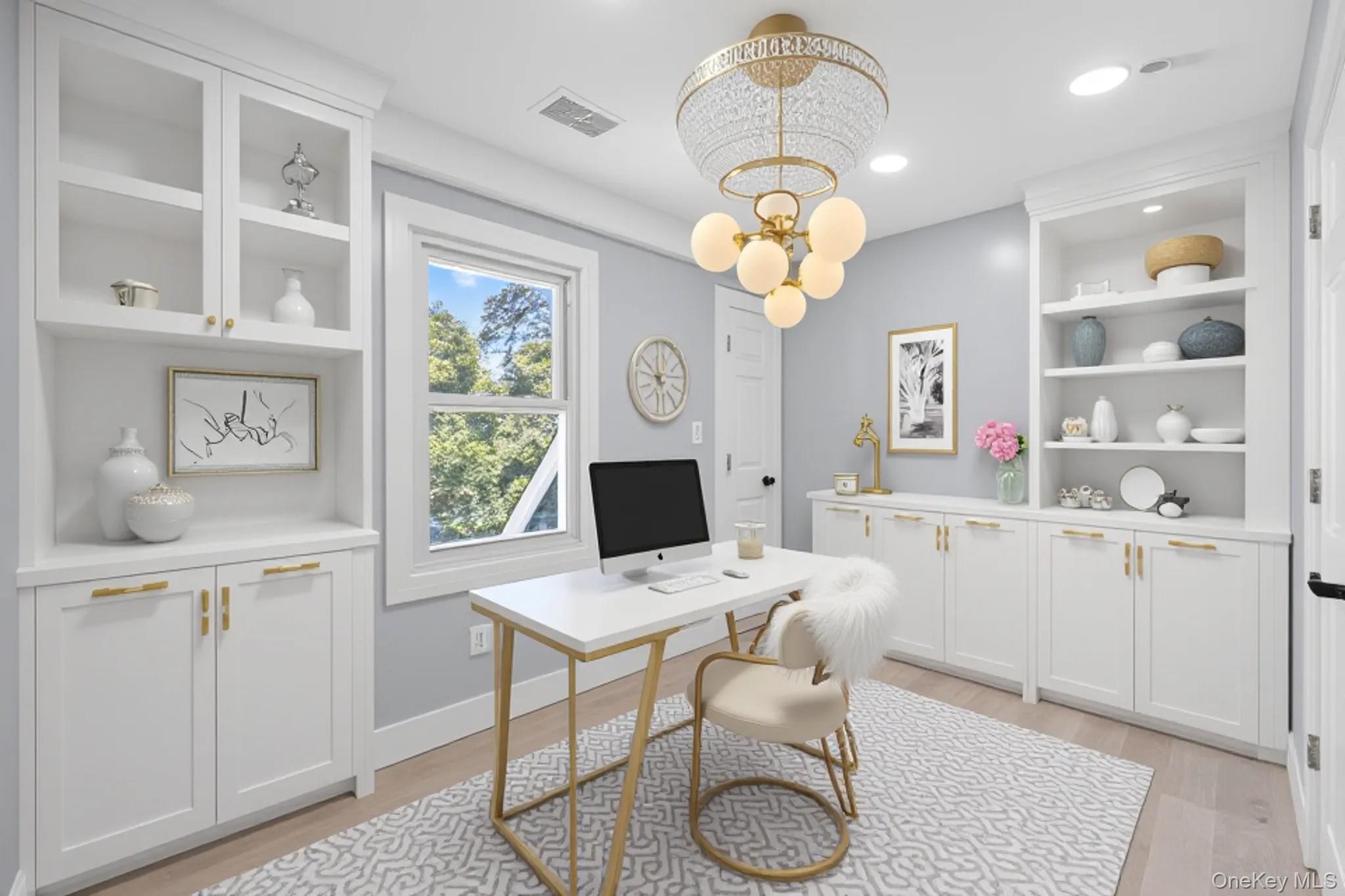 111-32 199th Street Queens, NY 11412 - Photo 9 of 19 Office area with built in features, light wood finished floors, recessed lighting, and a chandelier