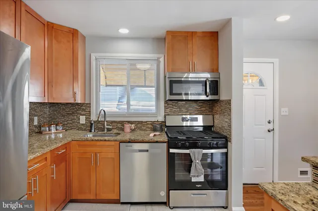 a kitchen with stainless steel appliances granite countertop a stove a sink and a microwave