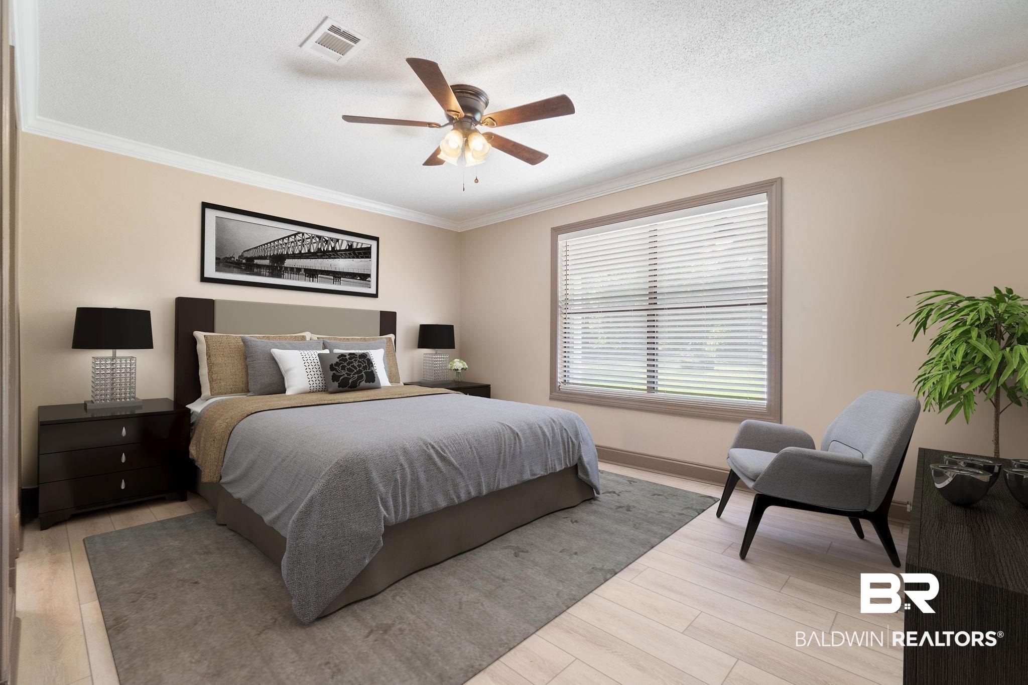 27300 C R Watson Road Robertsdale, AL 36567 - Photo 12 of 35 Bedroom featuring ceiling fan, a textured ceiling, light hardwood / wood-style flooring, and crown molding