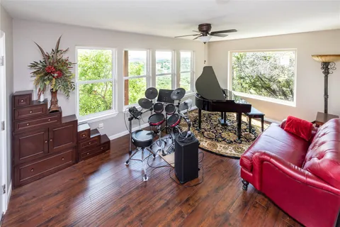 a living room with large window
