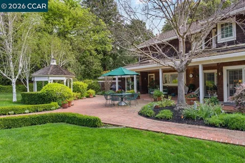 a view of a garden with a slide