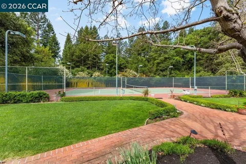 a view of a swimming pool with a yard